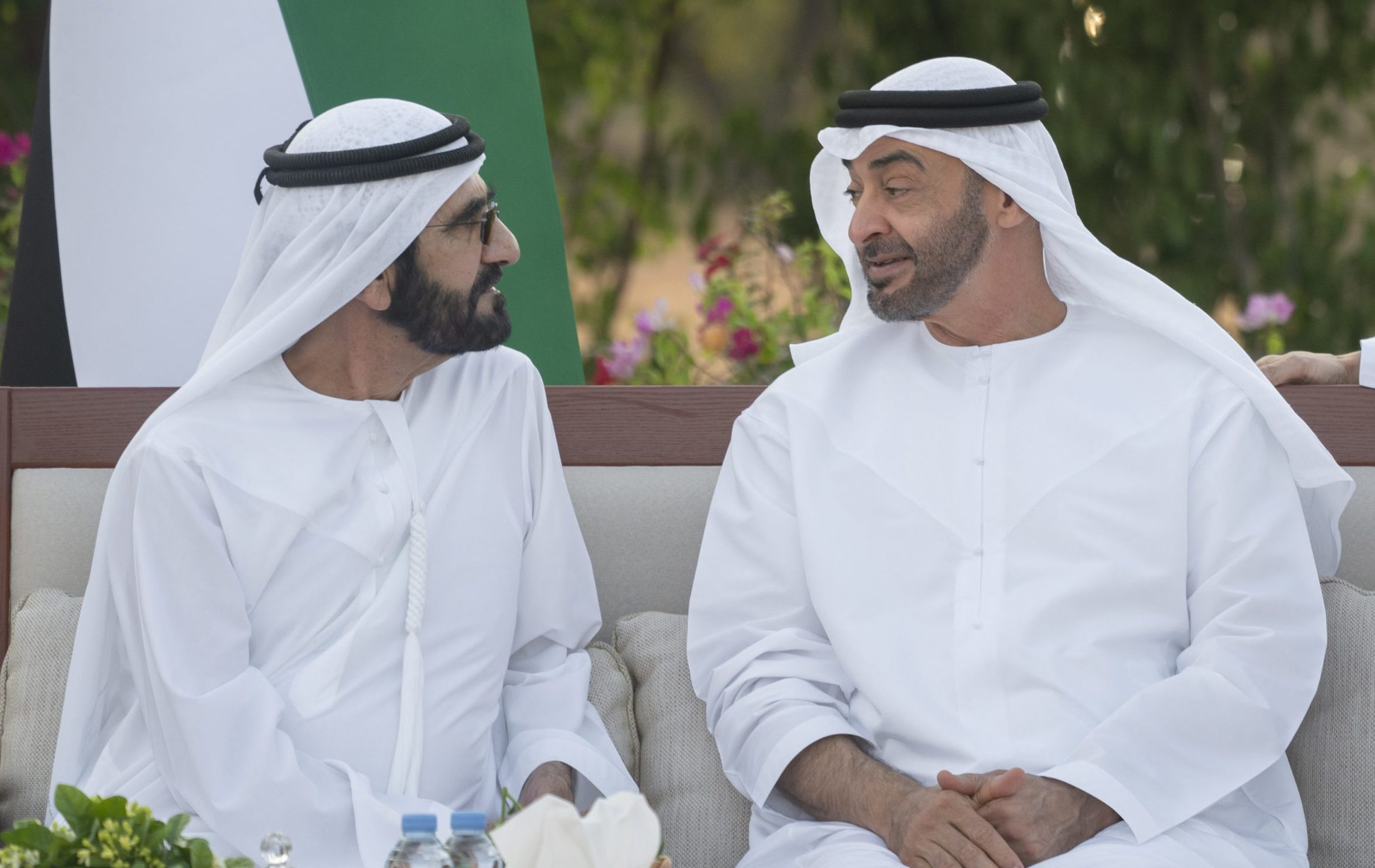 AL AIN, UNITED ARAB EMIRATES - December 09, 2019: HH Sheikh Mohamed bin Zayed Al Nahyan, Crown Prince of Abu Dhabi and Deputy Supreme Commander of the UAE Armed Forces (R) and HH Sheikh Mohamed bin Rashid Al Maktoum, Vice-President, Prime Minister of the UAE, Ruler of Dubai and Minister of Defence (L), attend Al Maqam Palace barza.

( Hamad Al Kaabi / Ministry of Presidential Affairs )​
---