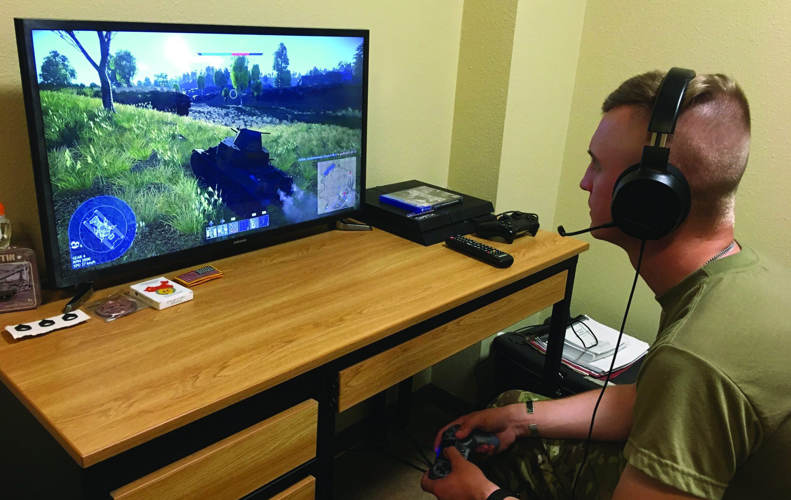 Sgt. David Ose, a section leader in D Troop, 6th Squadron, 9th Cavalry Regiment, 3rd Brigade Combat Team,1st Cavalry Division plays an online game that the unit is using to help maintain readiness while protecting the force. The Troop uses it to train on tactics, maneuver and communications. (Army photo by Capt. Mike Manougian)