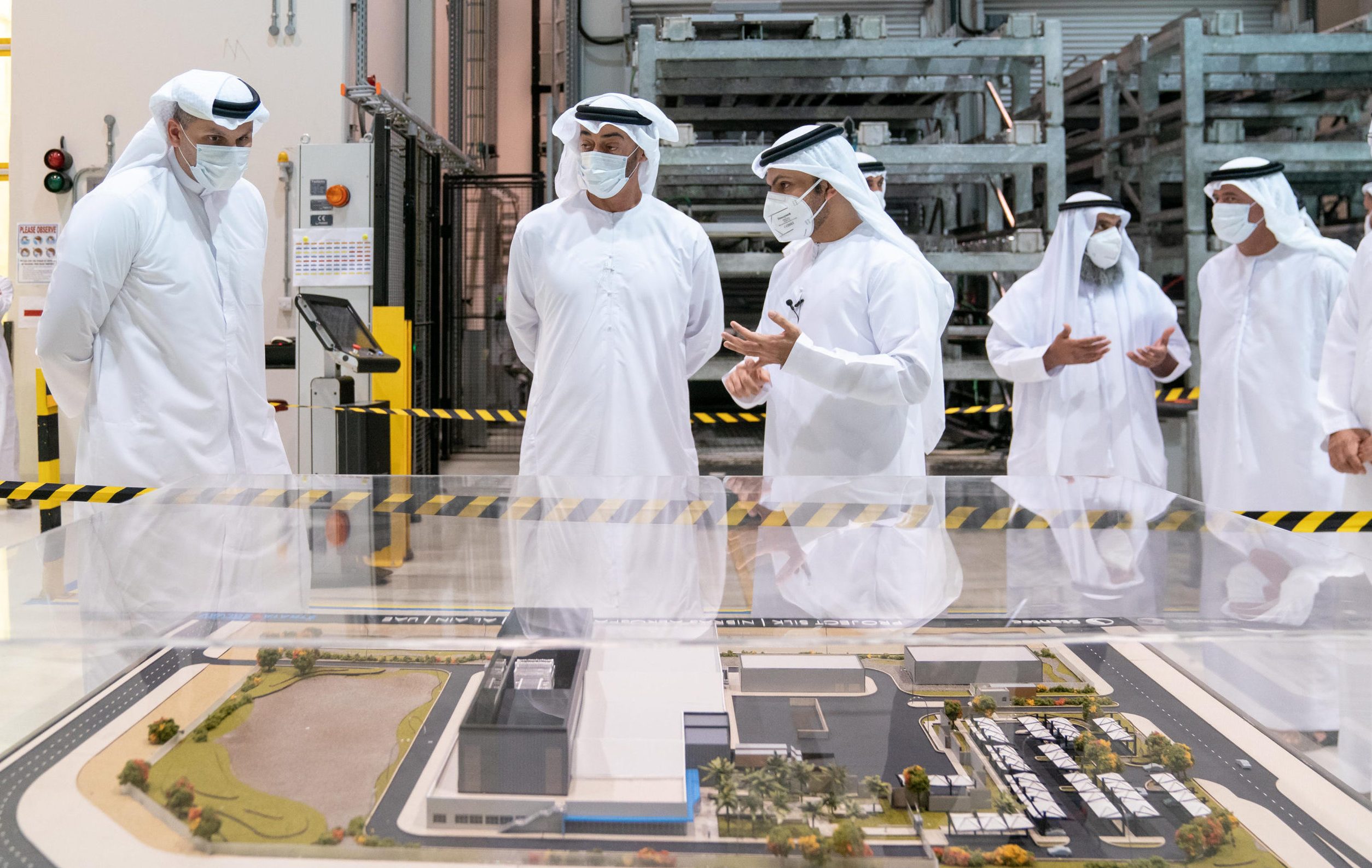 AL AIN, ABU DHABI, UNITED ARAB EMIRATES - June 24, 2020: HH Sheikh Mohamed bin Zayed Al Nahyan, Crown Prince of Abu Dhabi and Deputy Supreme Commander of the UAE Armed Forces (2nd L) visits Strata Manufacturing PJSC, at Al Ain International airport. Seen with HE Khaldoon Khalifa Al Mubarak, CEO and Managing Director Mubadala, Chairman of the Abu Dhabi Executive Affairs Authority and Abu Dhabi Executive Council Member (L).

( Eissa Al Hammadi for the Ministry of Presidential Affairs )
---