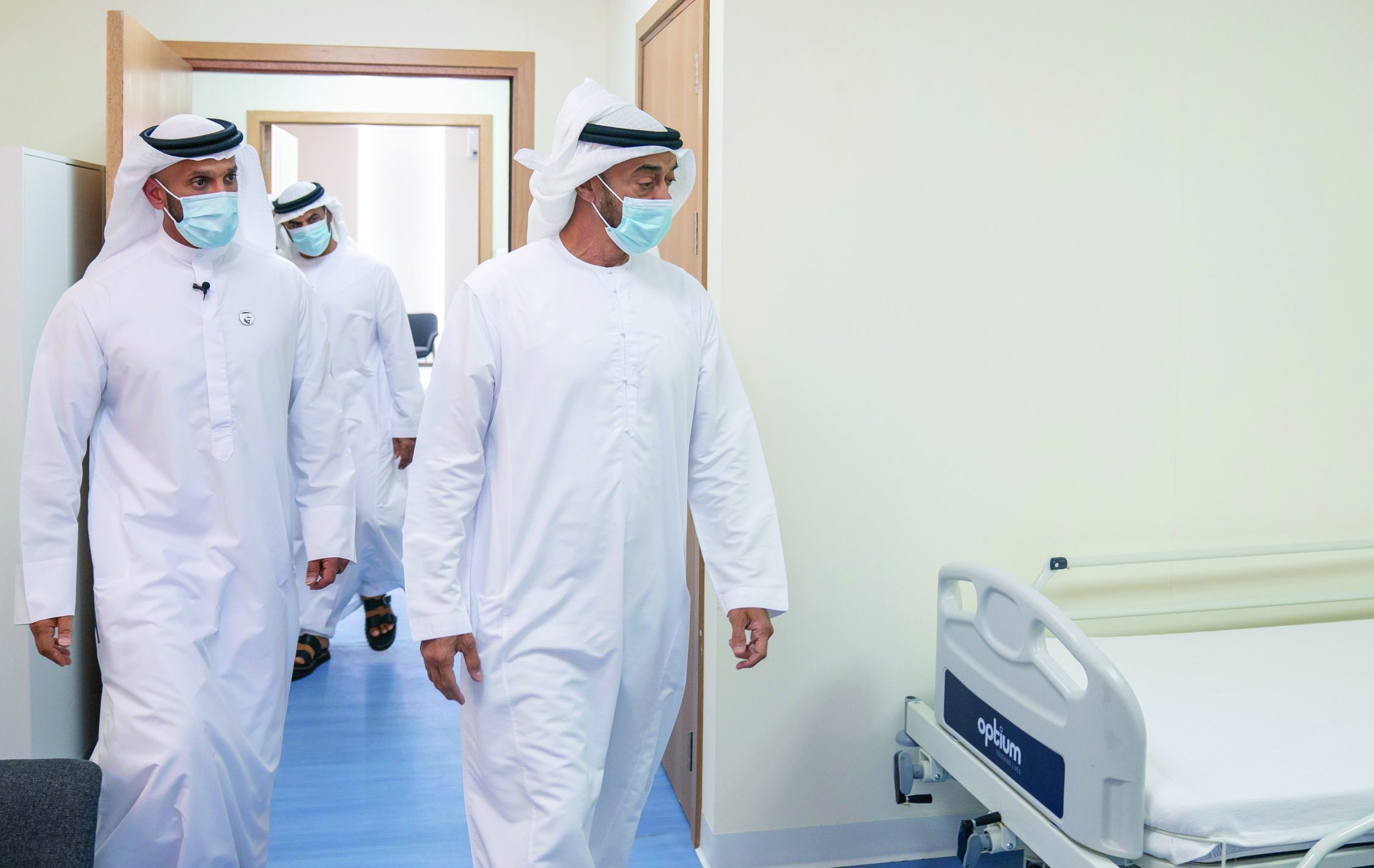 ABU DHABI, UNITED ARAB EMIRATES - May 18, 2020: HH Sheikh Mohamed bin Zayed Al Nahyan, Crown Prince of Abu Dhabi and Deputy Supreme Commander of the UAE Armed Forces (R) visits Emirates Field Hospital, at Emirates Humanitarian City. Seen with HE Sheikh Abdullah bin Mohammed Al Hamed, Chairman of the Department of Health - Abu Dhabi (L).

( Hamad Al Mansoori for the Ministry of Presidential Affairs )​
---