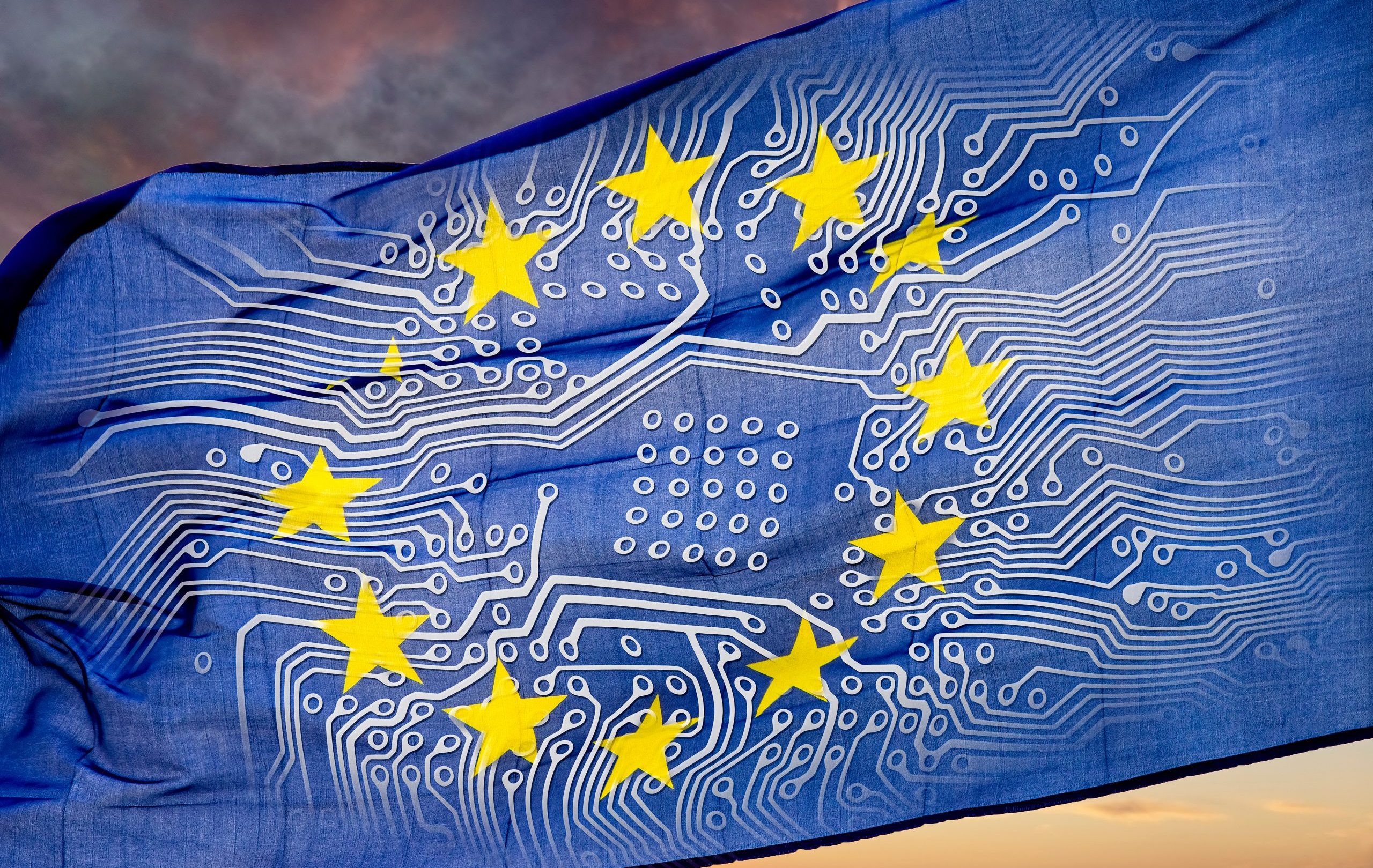 European,Flag,With,Board,In,Front,Of,Dramatic,Sky