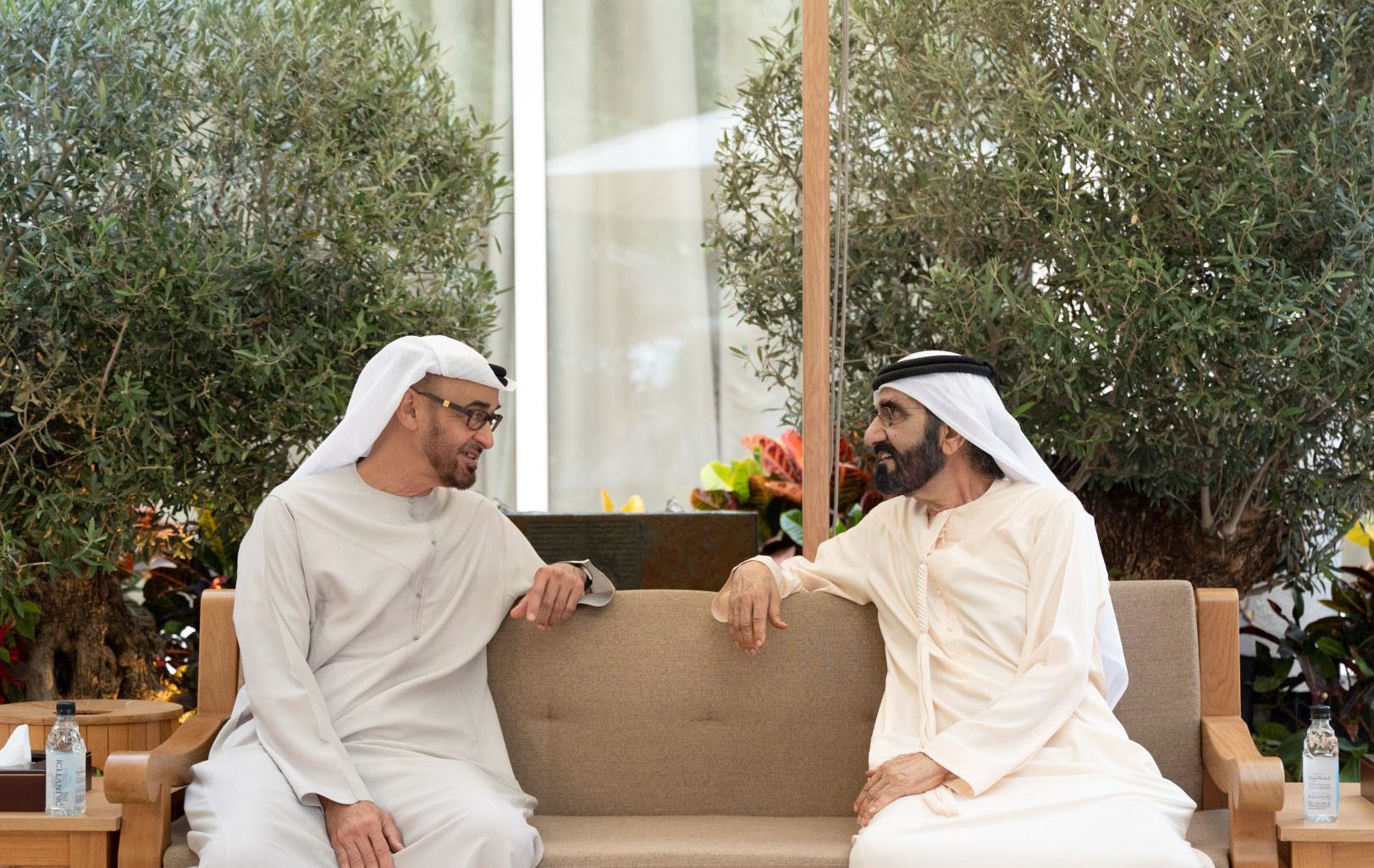 DUBAI, UNITED ARAB EMIRATES - April 25, 2022: HH Sheikh Mohamed bin Zayed Al Nahyan, Crown Prince of Abu Dhabi and Deputy Supreme Commander of the UAE Armed Forces (L), meets with HH Sheikh Mohamed bin Rashid Al Maktoum, Vice-President, Prime Minister of the UAE, Ruler of Dubai and Minister of Defence (R), at Al Marmoum.

( Mohamed Al Hammadi / Ministry of Presidential Affairs )
---