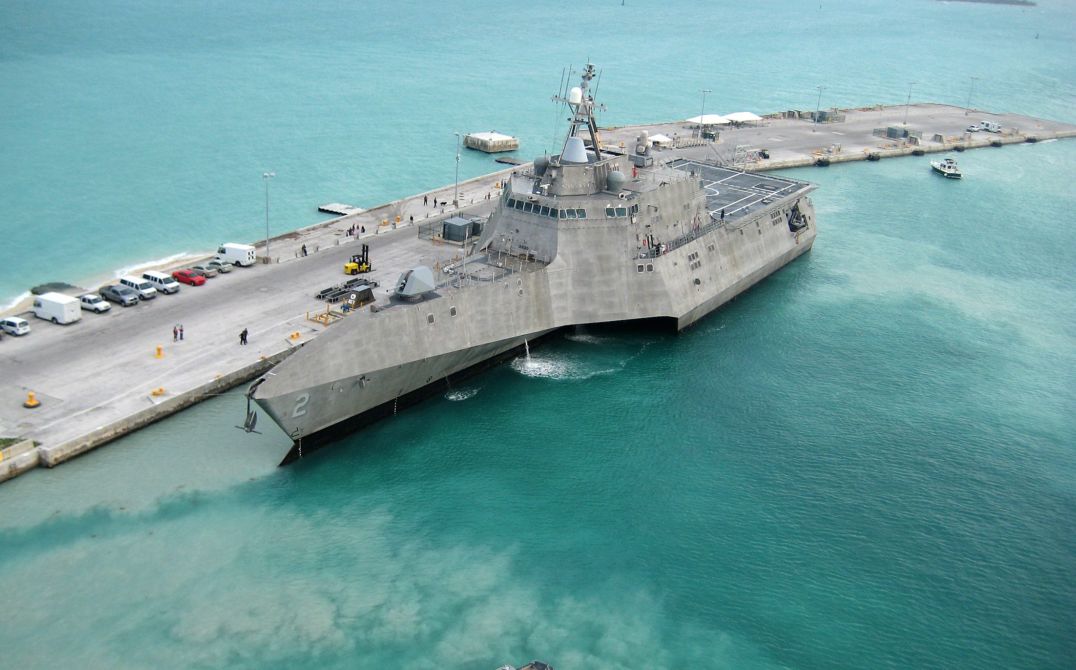 100329-N-1481K-298
KEY WEST, Fla. (March 29, 2010) The Navy's newest littoral combat ship USS Independence (LCS 2) arrives at Mole Pier at Naval Air Station Key West. Independence is on the way to Norfolk, Va., for commencement of initial testing and evaluation of the aluminum vessel before sailing to its homeport in San Diego. Independence is a fast, agile, mission-focused ship specifically designed to defeat "anti-access" threats in shallow, coastal water regions, including surface craft, diesel submarines and mines. (U.S. Navy photo by Naval Air Crewman 2nd Class Nicholas Kontodiakos/Released)