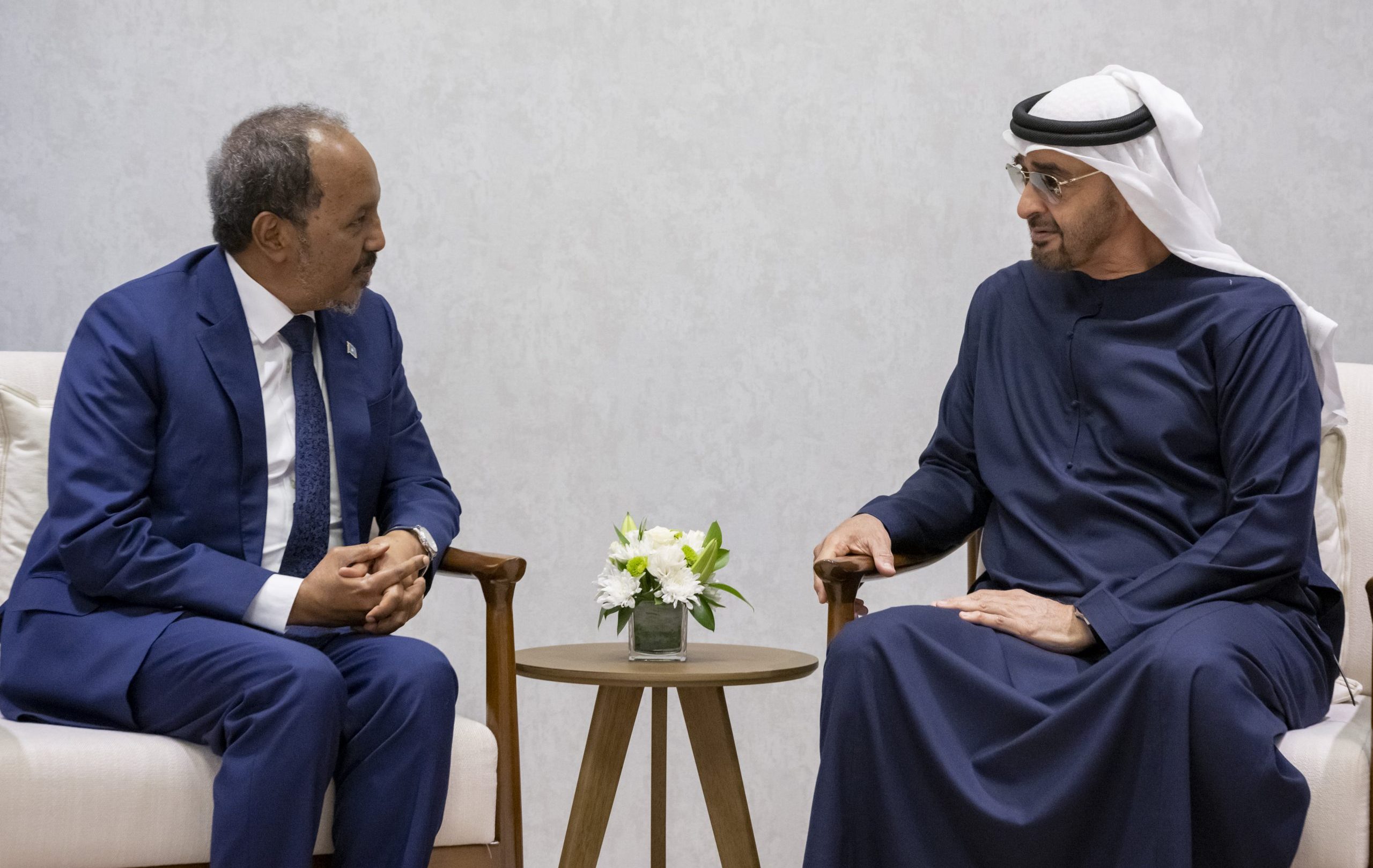 ABU DHABI, UNITED ARAB EMIRATES - February 22, 2023: HH Sheikh Mohamed bin Zayed Al Nahyan, President of the United Arab Emirates (R) meets with HE Hassan Sheikh Mohamud, President of Somalia (L), during the 2023 International Defence Exhibition and Conference (IDEX), at Abu Dhabi National Exhibition Centre (ADNEC).
( Rashed Al Mansoori / UAE Presidential Court )
---