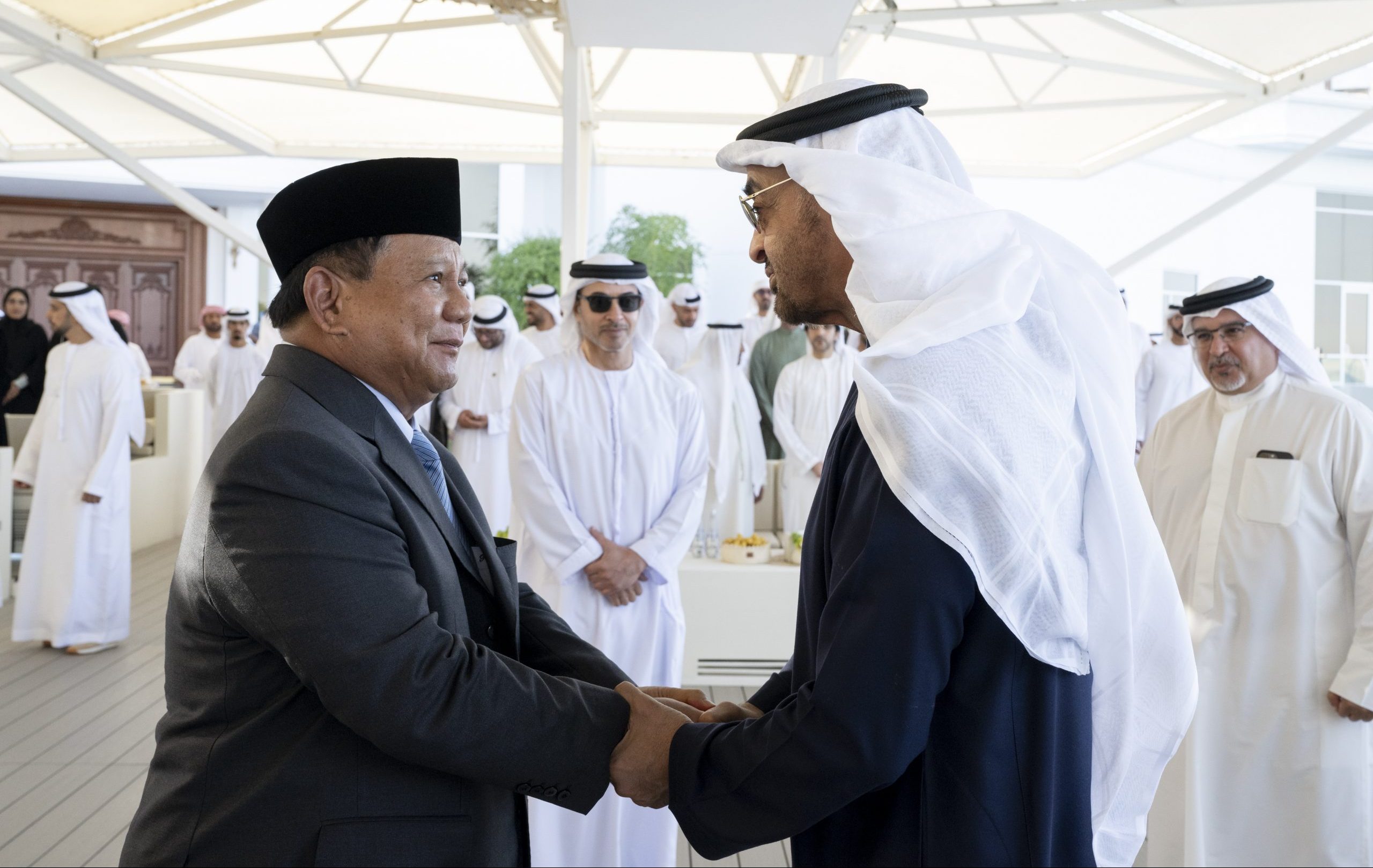 ABU DHABI, UNITED ARAB EMIRATES - February 22, 2023: HH Sheikh Mohamed bin Zayed Al Nahyan, President of the United Arab Emirates (R) receives HE Prabowo Subianto, Minister of Defence of Indonesia (L), during a Sea Palace.

( Mohamed Al Hammadi / UAE Presidential Court )
---