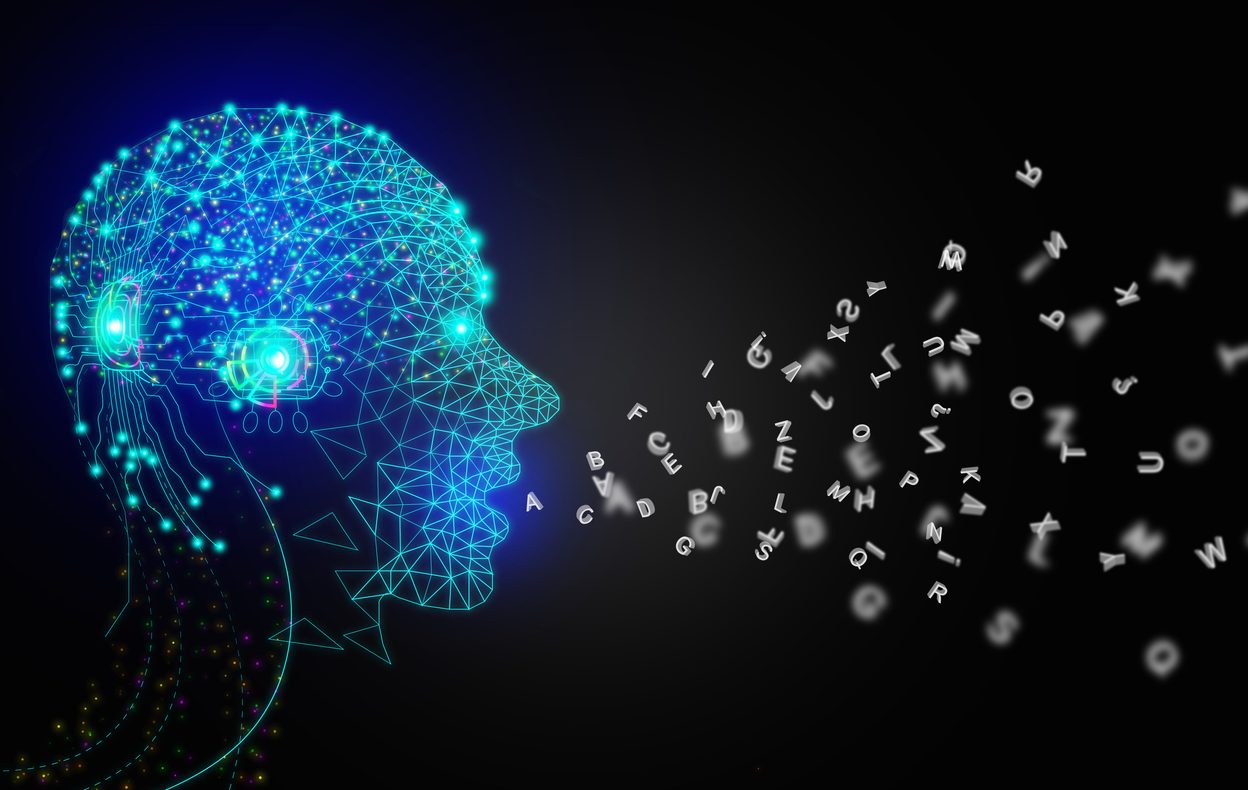 AI speaks letters, text-to-speech or TTS, text-to-voice, speech synthesis applications, generative Artificial Intelligence, futuristic technology in language and communication.