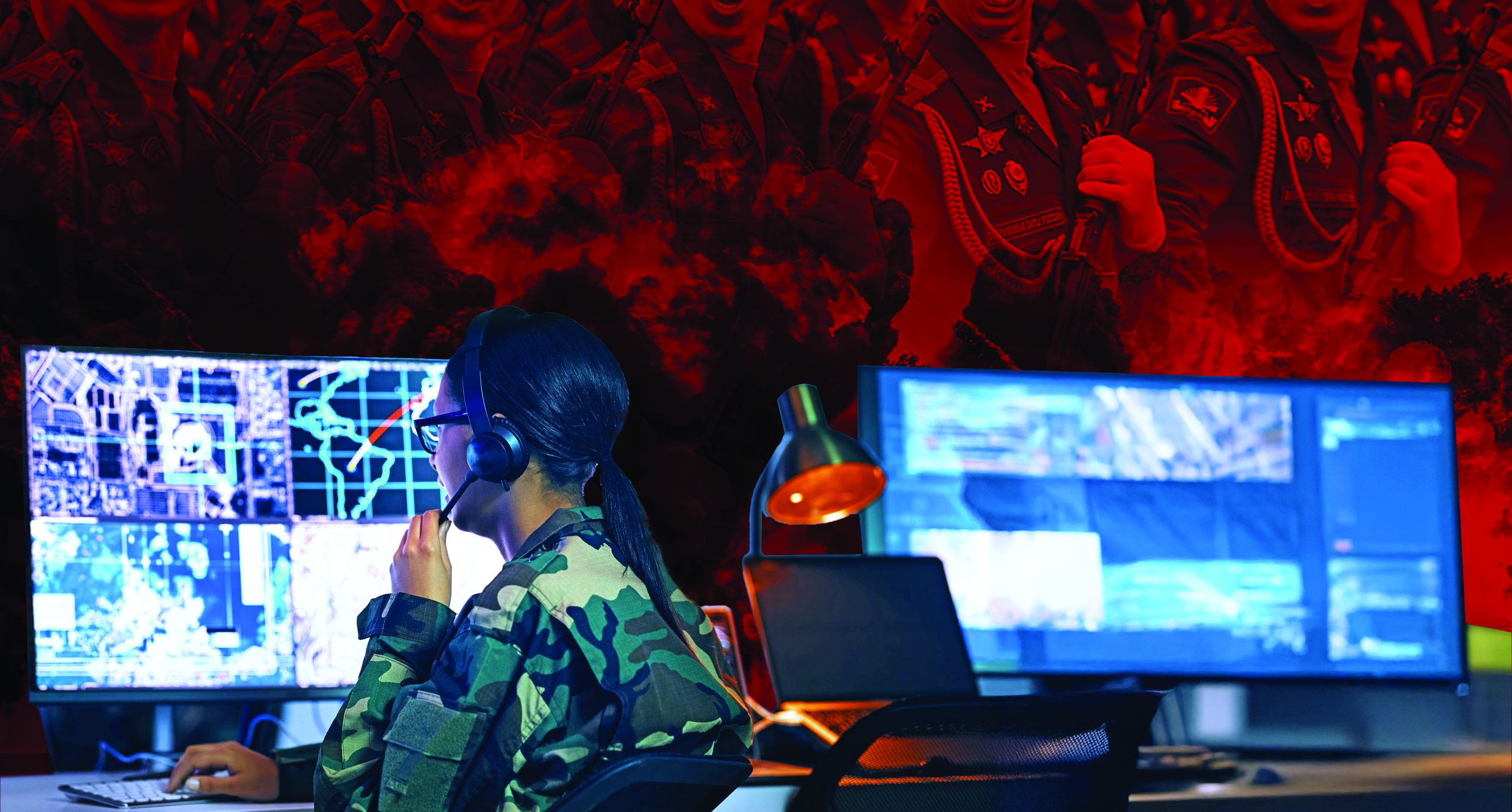 Military command center, computer screen and woman in surveillance, headset and tech for communication. Security, world satellite map and soldier at monitor in army office at government control room.