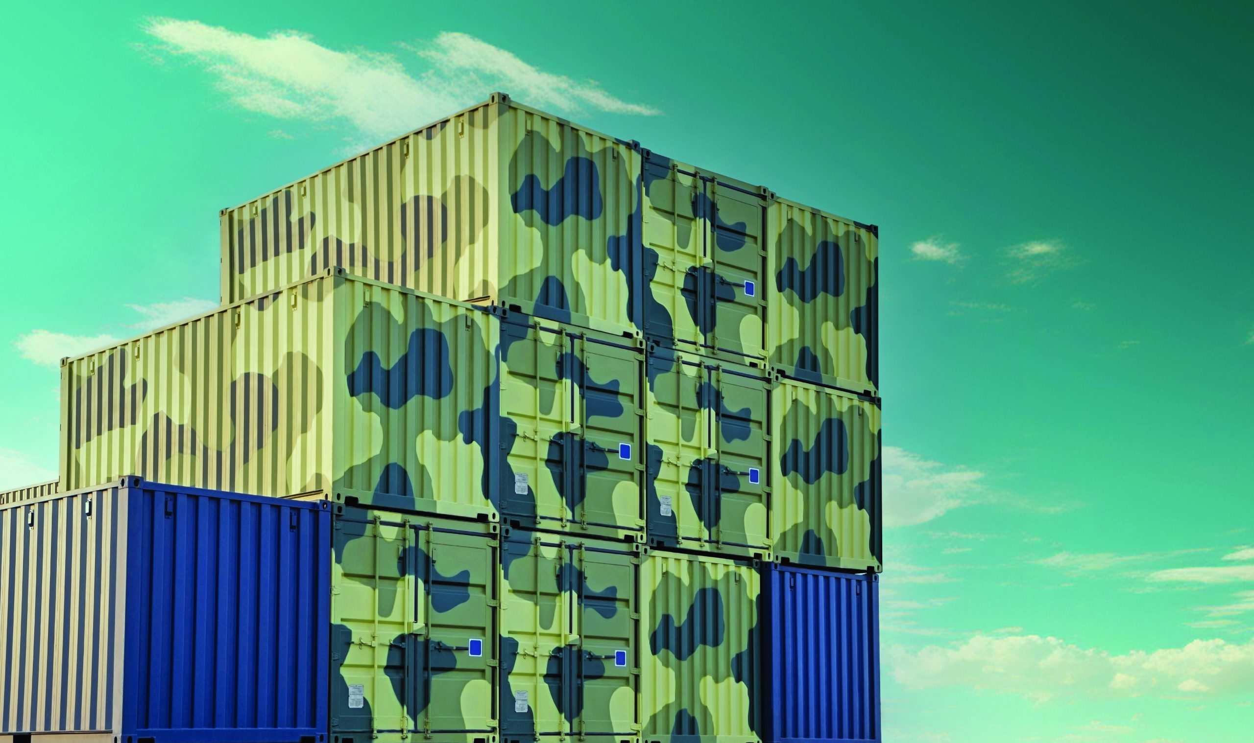 Military shipping containers contain weapon or special-purpose. stacked cargo containers. Army logistic war armor  concept