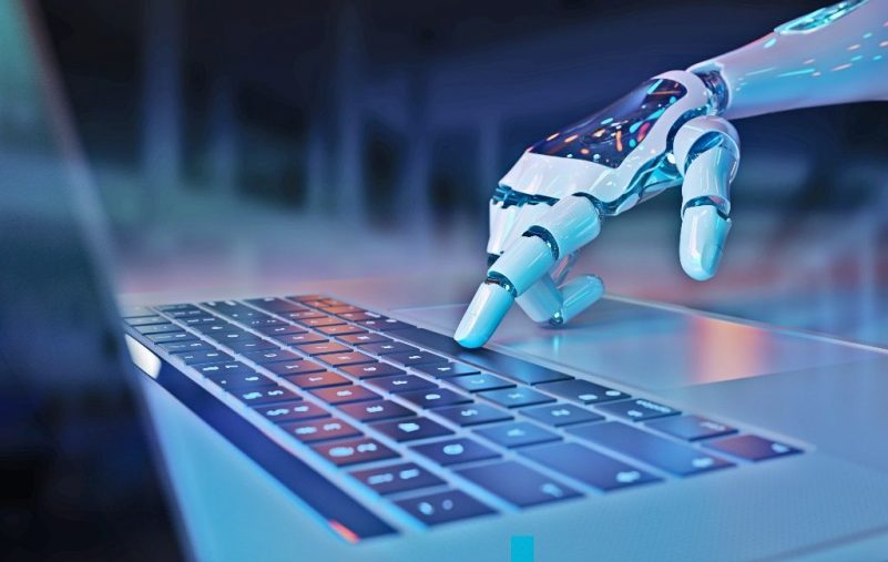 Robotic cyborg hand pressing a keyboard on a laptop 3D rendering